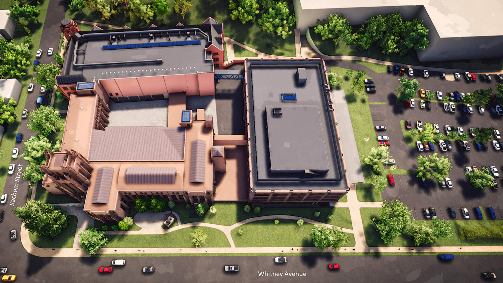 Rendering showing an aerial perspective of the old Yale Peabody Museum