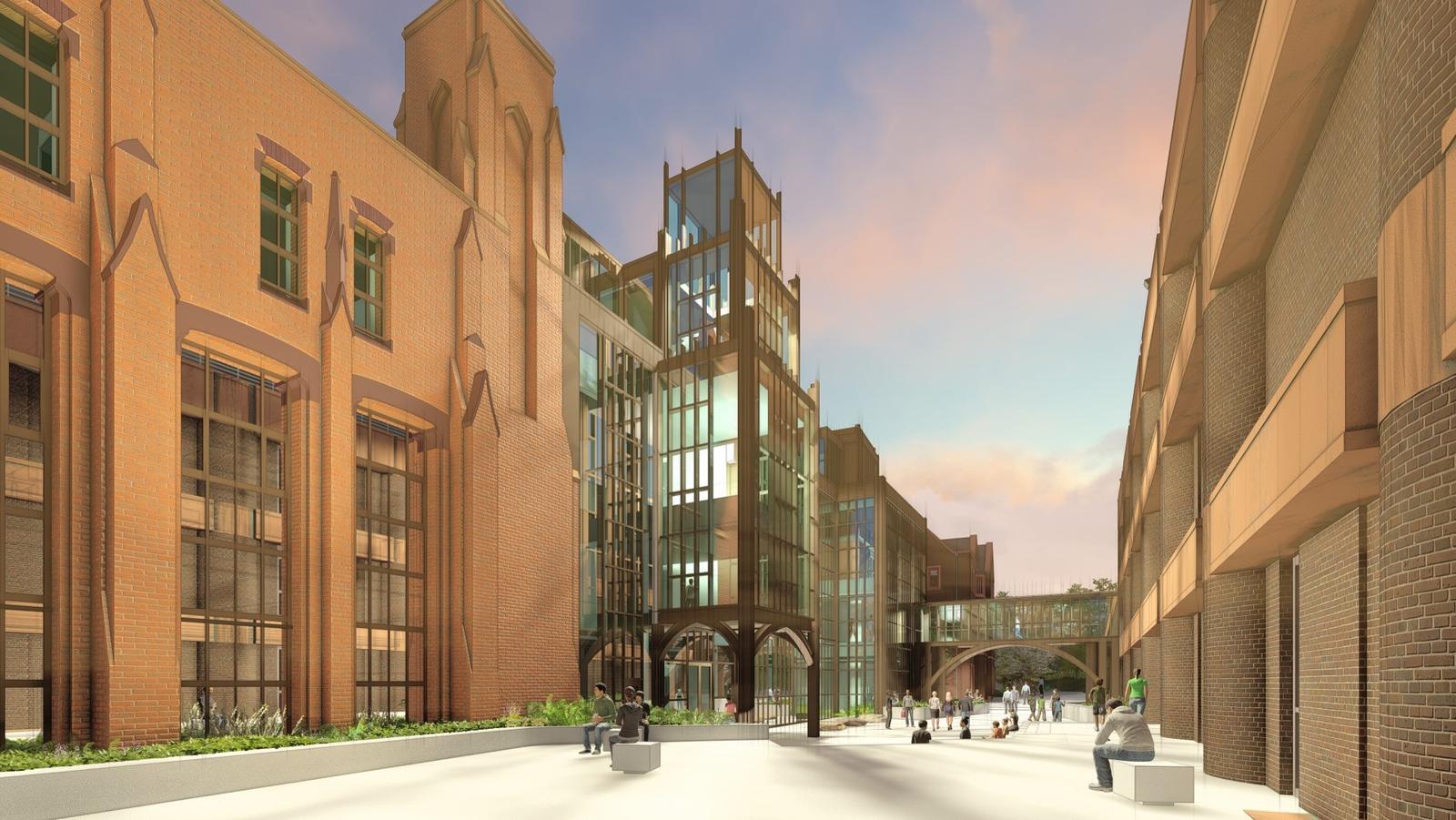 Rendering of the north plaza, addition, and entrance between Yale Peabody Museum and Kline Geology Laboratory from Whitney Avenue