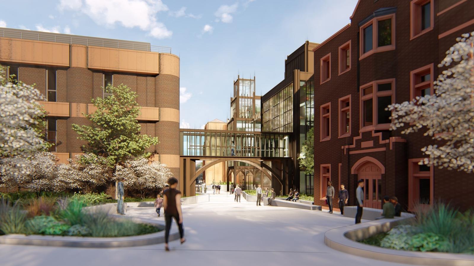 Rendering of the north plaza, addition, and entrance between Yale Peabody Museum and Kline Geology Laboratory from Sachem's Wood
